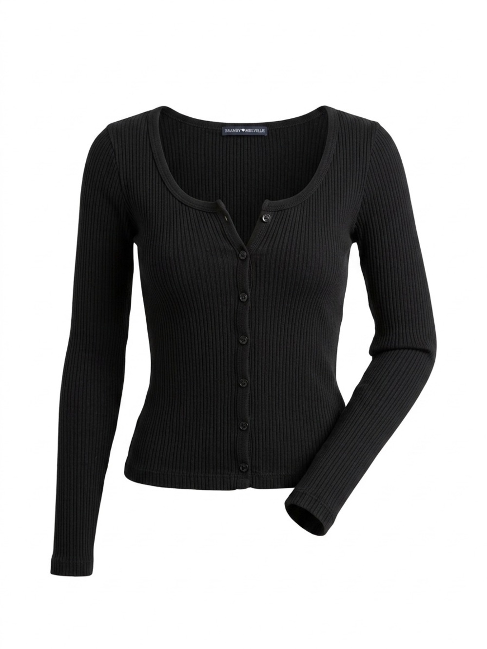 Brandy Melville Black Cotton Ribbed Knit V Neck Button Up Cardigan Sweater O/S